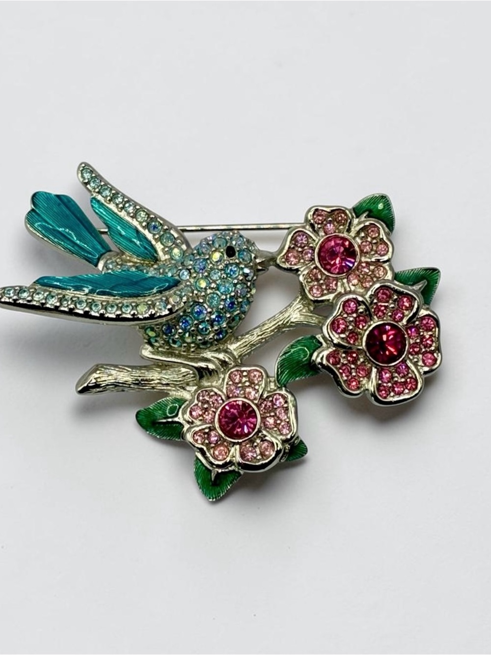 Rare Swarovski Signed Swan 2004 Crystal Blue Bird Flower Brooch Pin